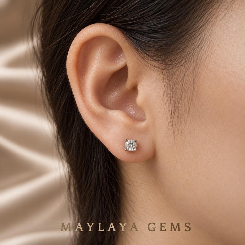 Maylaya Gems ER001 on-ear illustration, scaled to approximate carat-to-millimetre dimensions; actual fit varies.