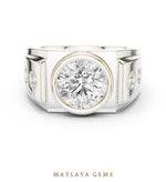 Load image into Gallery viewer, Maylaya Gems 3.660 ct Round Bezel Lab-Grown Diamond Men's Ring in white gold