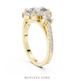 Load image into Gallery viewer, Maylaya Gems cushion halo marquise trilogy lab-grown diamond ring in yellow gold