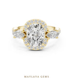 Load image into Gallery viewer, Maylaya Gems cushion halo marquise trilogy lab-grown diamond ring in yellow gold