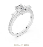 Load image into Gallery viewer, Maylaya Gems emerald baguette trilogy pavé lab-grown diamond ring in white gold
