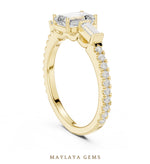 Load image into Gallery viewer, Maylaya Gems emerald baguette trilogy pavé lab-grown diamond ring in yellow gold