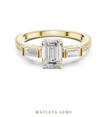 Load image into Gallery viewer, Maylaya Gems emerald baguette trilogy pavé lab-grown diamond ring in yellow gold