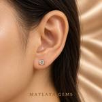 Load image into Gallery viewer, Maylaya Gems SPS1 on-ear illustration, scaled using approximate 0.50 ct round diamond dimensions.