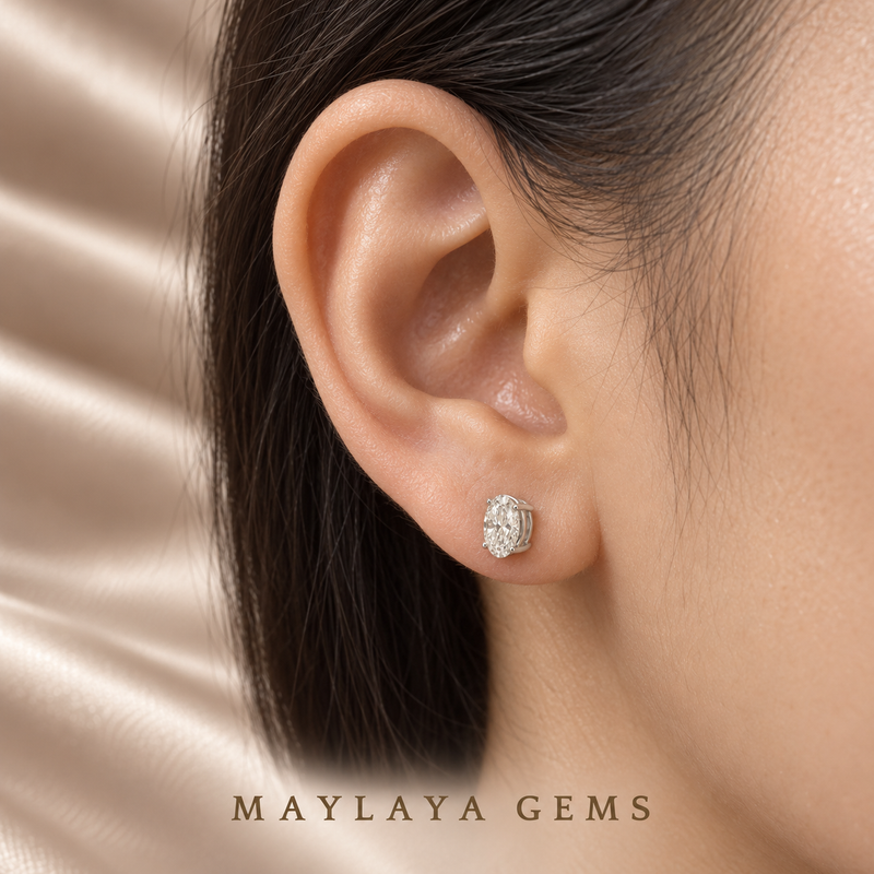 Maylaya Gems SPS2 on-ear illustration, scaled to approximate carat-to-millimetre dimensions; actual fit varies.