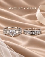 Load image into Gallery viewer, Maylaya Gems MG-CR-01 couple rings on light-brown bridal satin with white logo