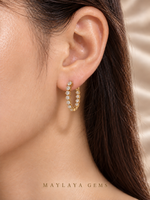 Load image into Gallery viewer, Maylaya Gems JF001 on-ear view — ChatGPT-rendered illustration with approximate carat-to-millimetre wearing scale; actual fit varies.