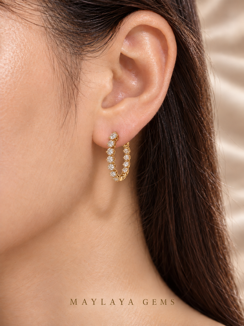 Maylaya Gems JF001 on-ear view — ChatGPT-rendered illustration with approximate carat-to-millimetre wearing scale; actual fit varies.