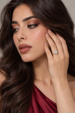 Load image into Gallery viewer, Maylaya Gems 1.3 ct Oval Trillion Trilogy Lab-Grown Diamond Ring — AI-generated young adult model in eveningwear / ภาพจำลองนางแบบสวมแหวนด้วย AI