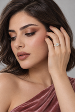 Load image into Gallery viewer, Maylaya Gems 2.02 ct Cushion Baguette Trilogy Lab-Grown Diamond Ring — AI-generated young adult model in eveningwear / ภาพจำลองนางแบบสวมแหวนด้วย AI