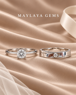 Load image into Gallery viewer, Maylaya Gems MG-SP-01 couple rings on light-brown bridal satin with white logo