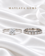 Load image into Gallery viewer, Golden Devotion — Maylaya Gems 0.32 ct solitaire and F008 men's ring together on white wedding satin