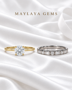 Load image into Gallery viewer, Forever Devotion — Maylaya Gems 0.31 ct solitaire and F008 men's ring together on white wedding satin