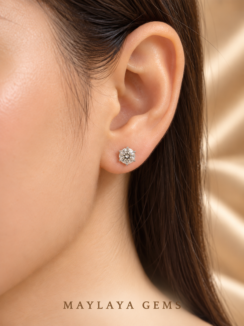 Maylaya Gems MGE13 on-ear view — ChatGPT-rendered illustration with approximate carat-to-millimetre wearing scale; actual fit varies.