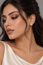 Load image into Gallery viewer, Maylaya Gems 9K Gold 0.5 ct Round Lab-Grown Diamond Earrings — SPS1 — AI-generated young adult model in eveningwear / ภาพจำลองนางแบบสวมเครื่องประดับด้วย AI