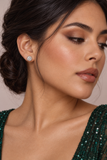 Load image into Gallery viewer, Maylaya Gems 9K Gold 0.5 ct Round Lab-Grown Diamond Earrings — MGE11 — AI-generated young adult model in eveningwear / ภาพจำลองนางแบบสวมเครื่องประดับด้วย AI