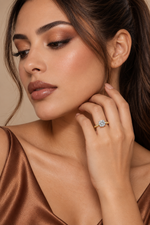 Load image into Gallery viewer, Maylaya Gems Yellow Gold 9K Round 2.07ct Lab-Grown Diamond Halo Ring — M042 — AI-generated young adult model in eveningwear / ภาพจำลองนางแบบสวมเครื่องประดับด้วย AI