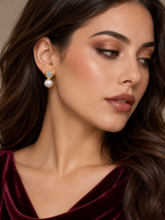 Load image into Gallery viewer, Maylaya Gems 9K Gold Natural Japanese Akoya Pearl & Lab-Grown Diamond Earrings — MGP1 — AI-generated young adult model in eveningwear / ภาพจำลองนางแบบสวมเครื่องประดับด้วย AI