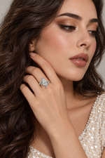 Load image into Gallery viewer, Maylaya Gems 9K Gold 2.09 ct Pear Lab-Grown Diamond Ring — M120 — AI-generated young adult model in eveningwear / ภาพจำลองนางแบบสวมเครื่องประดับด้วย AI