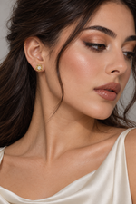 Load image into Gallery viewer, Maylaya Gems 0.096 ct Round Woven Halo Lab-Grown Diamond Earrings — AI-generated young adult model in eveningwear / ภาพจำลองนางแบบสวมเครื่องประดับด้วย AI
