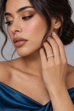 Load image into Gallery viewer, Maylaya Gems 0.54 ct Round Lab-Grown Diamond Band — AI-generated young adult model in eveningwear / ภาพจำลองนางแบบสวมเครื่องประดับด้วย AI