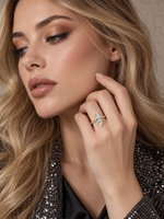 Load image into Gallery viewer, Maylaya Gems 9K Gold 2 ct Marquise Diamond Ring — M207 — AI-generated young adult model in eveningwear / ภาพจำลองนางแบบสวมเครื่องประดับด้วย AI