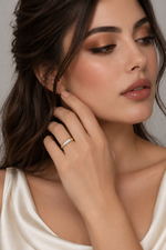 Load image into Gallery viewer, Maylaya Gems 0.195 ct Three Round Lab-Grown Diamond Band — AI-generated young adult model in eveningwear / ภาพจำลองนางแบบสวมเครื่องประดับด้วย AI