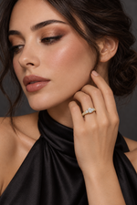 Load image into Gallery viewer, Maylaya Gems 1.22 ct Round Trilogy Pave Lab-Grown Diamond Ring — AI-generated young adult model in eveningwear / ภาพจำลองนางแบบสวมเครื่องประดับด้วย AI