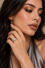 Load image into Gallery viewer, Maylaya Gems 2.3 ct Cushion Hidden Halo Lab-Grown Diamond Ring — AI-generated young adult model in eveningwear / ภาพจำลองนางแบบสวมเครื่องประดับด้วย AI