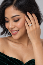 Load image into Gallery viewer, Maylaya Gems 1.15 ct Heart Baguette Trilogy Lab-Grown Diamond Ring — AI-generated young adult model in eveningwear / ภาพจำลองนางแบบสวมแหวนด้วย AI