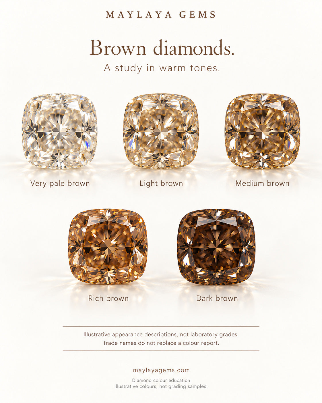 Illustrated shade guide of brown diamonds from pale to dark