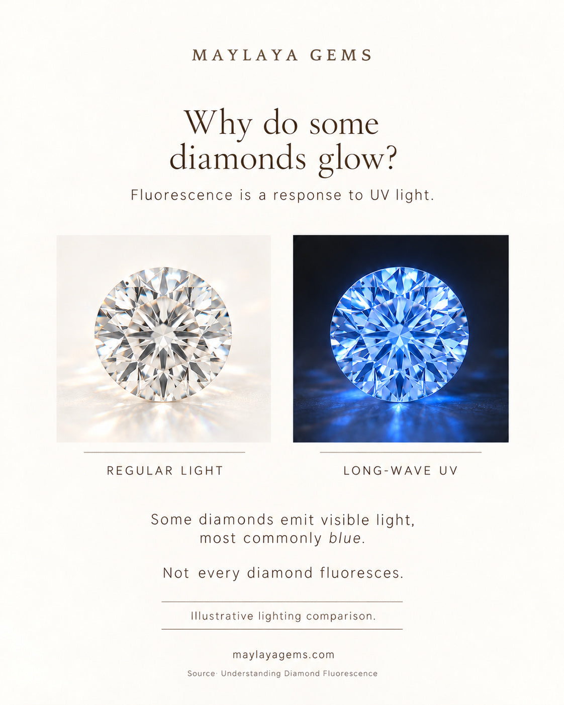 Educational graphic comparing a diamond under regular light and long wave uv light to show fluorescence