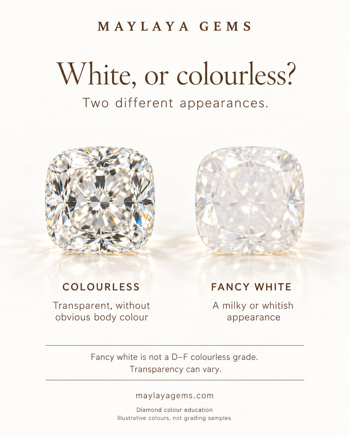 Illustrated comparison of a milky fancy white diamond and a colourless d–f diamond