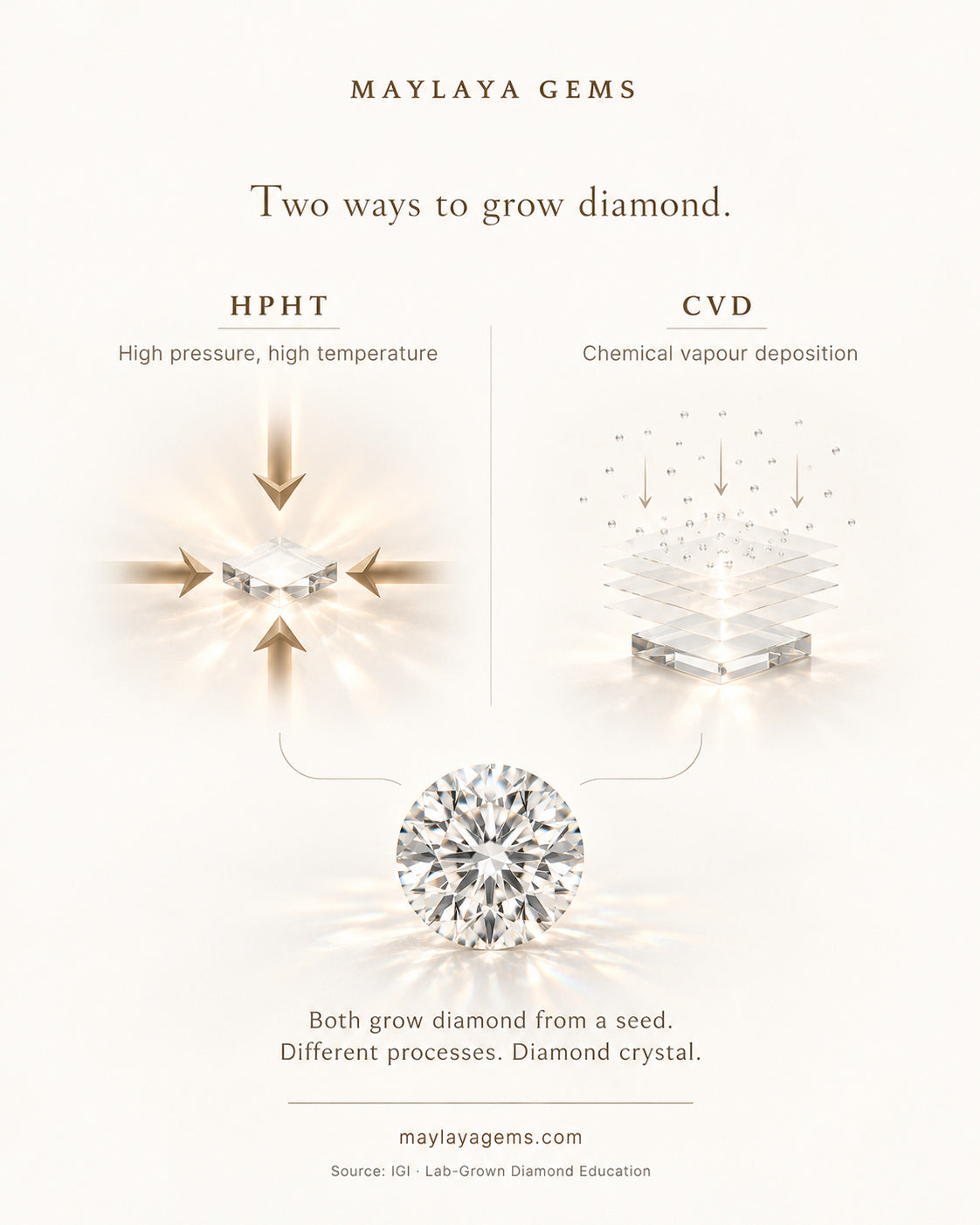 Educational graphic comparing hpht and cvd methods of growing lab grown diamonds