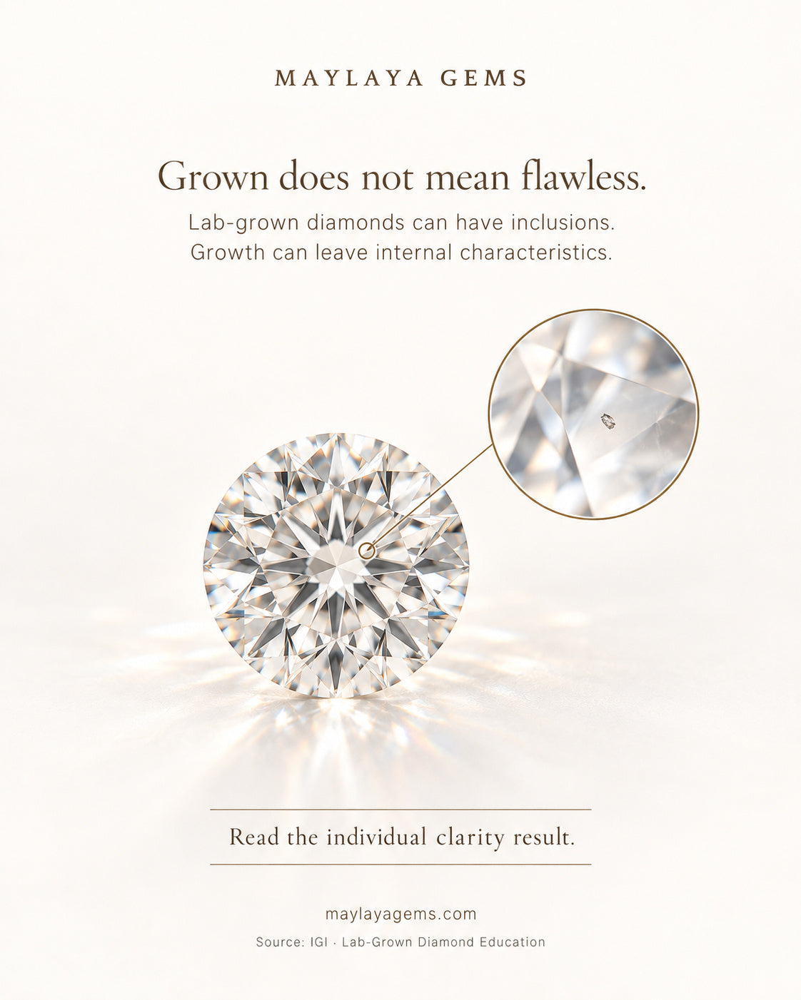 Educational graphic explaining that lab grown diamonds can contain inclusions and growth features