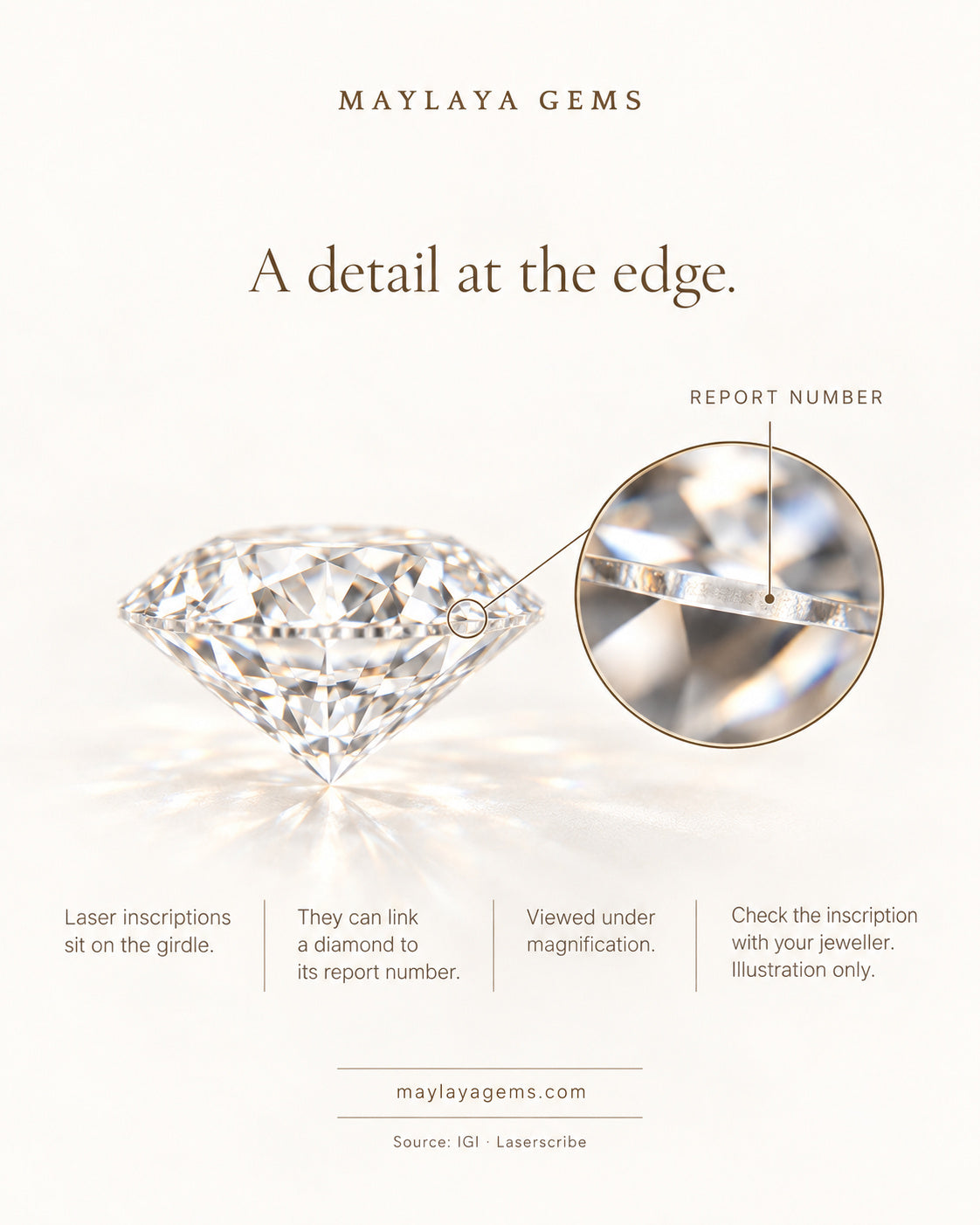 Educational graphic showing a laser inscription on a diamond's girdle viewed under magnification
