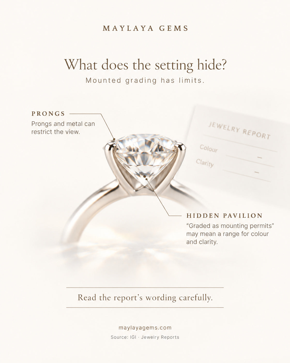 Educational graphic explaining the limits of grading diamonds that are already mounted in a setting