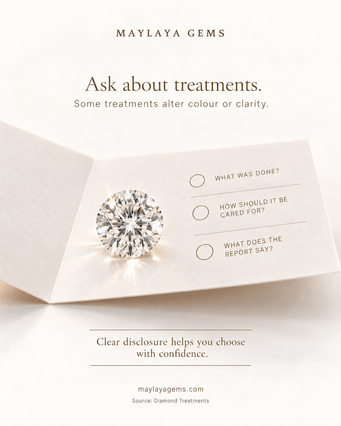 Educational graphic listing questions to ask about diamond treatments and their care