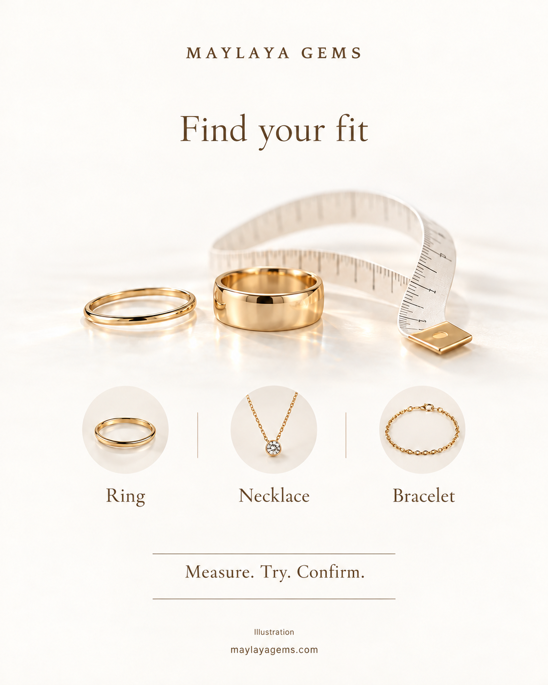 Maylaya illustration of slim and wide rings, a measuring tape, necklace and bracelet; measure, try and confirm