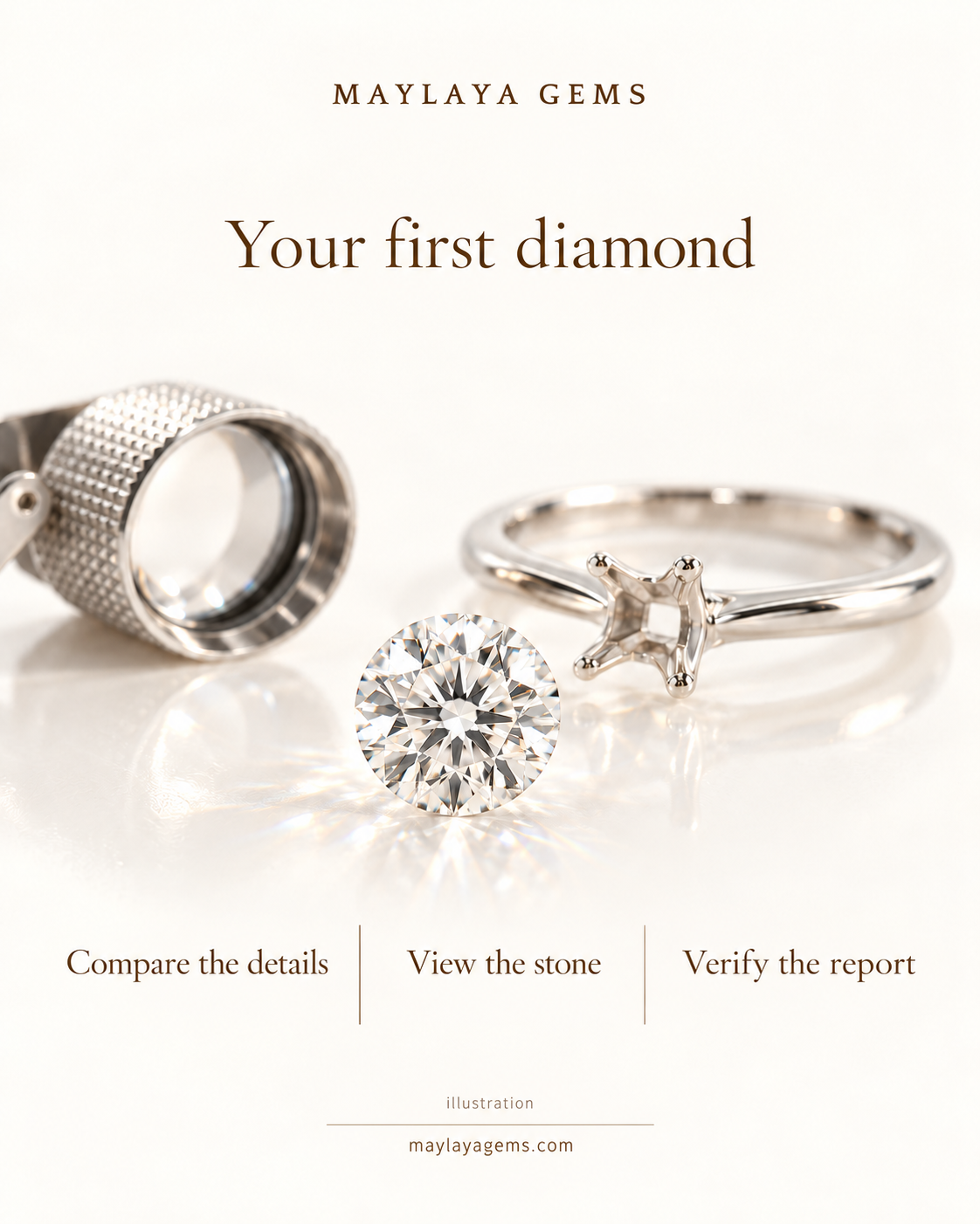 Maylaya educational illustration: compare diamond details, view the individual stone and verify its report