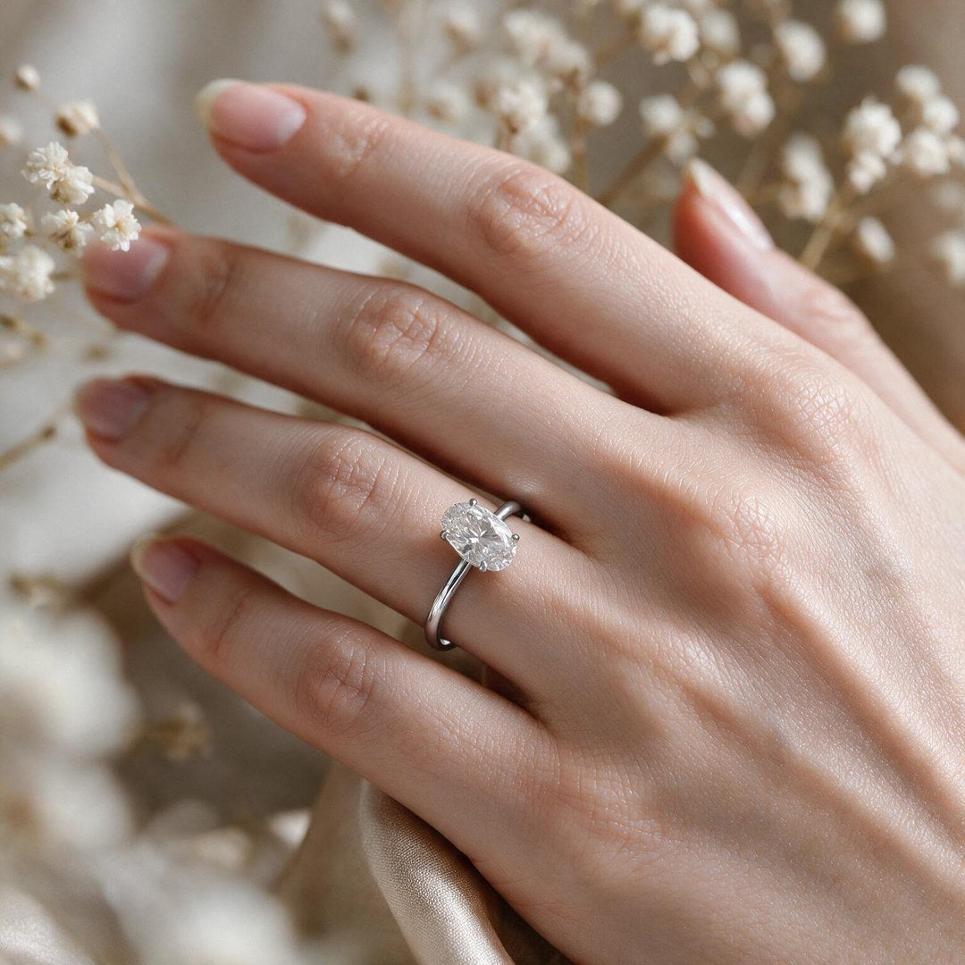 White Rhodium 9K Oval Solitairect Solitaire Ring