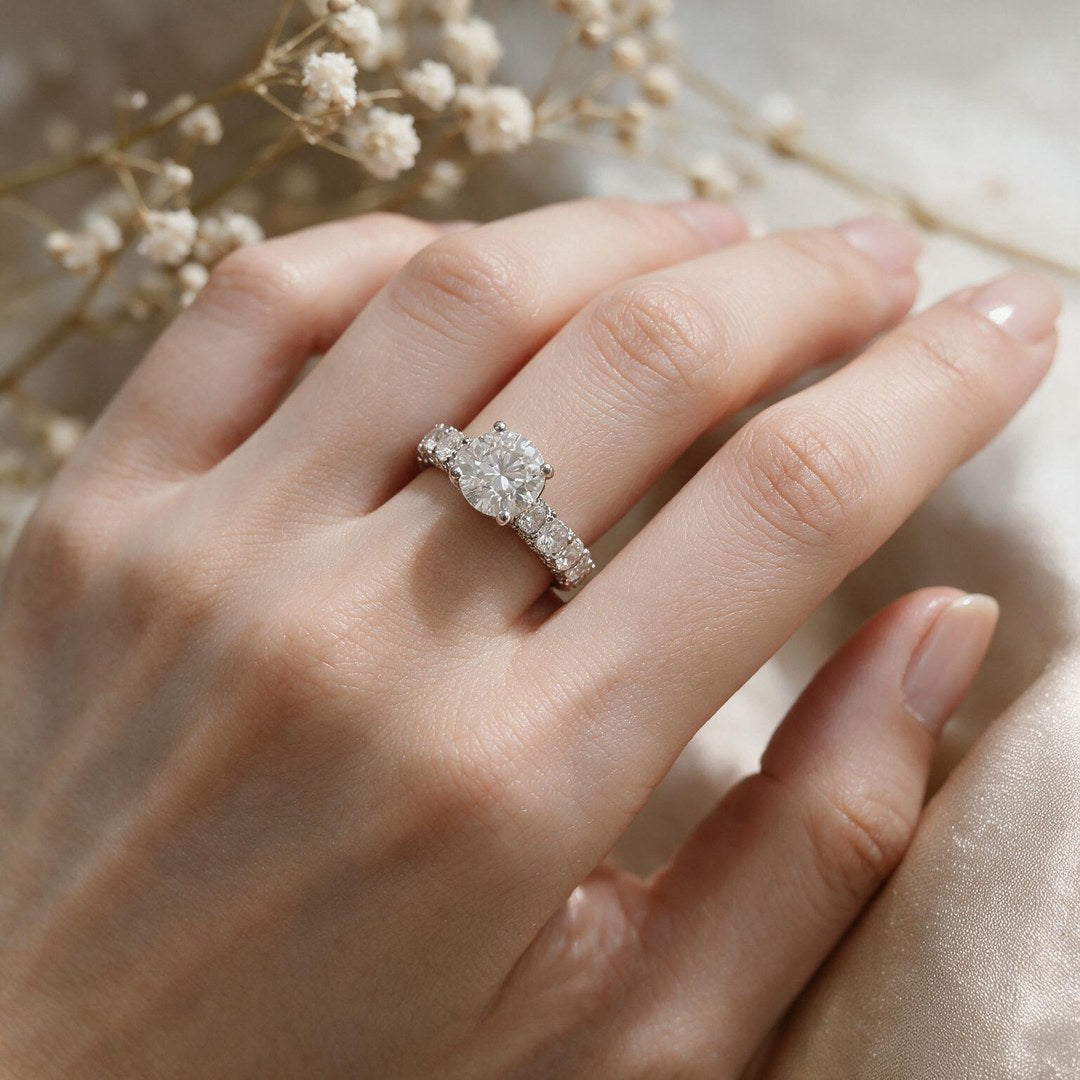 White rhodium 9k round solitairect solitaire ring