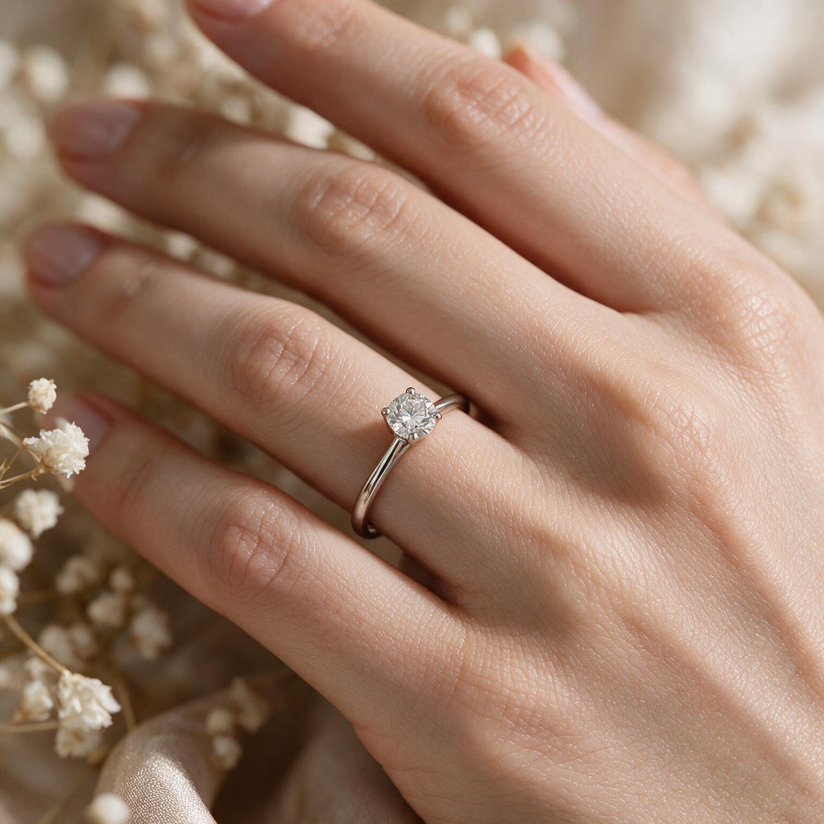 White rhodium 9k round solitairect solitaire ring
