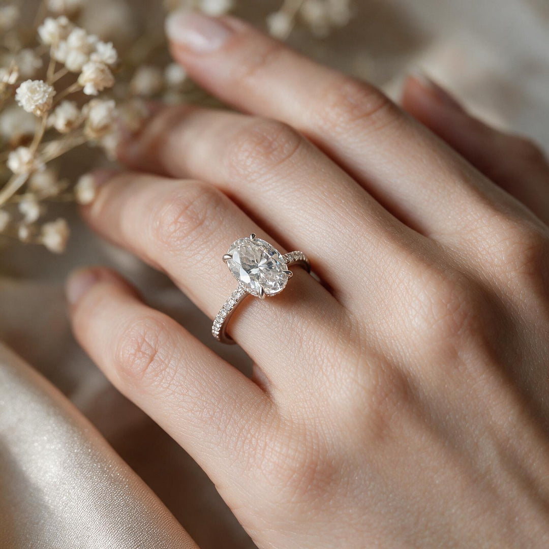 White Rhodium 9K Oval Solitairect Solitaire Ring