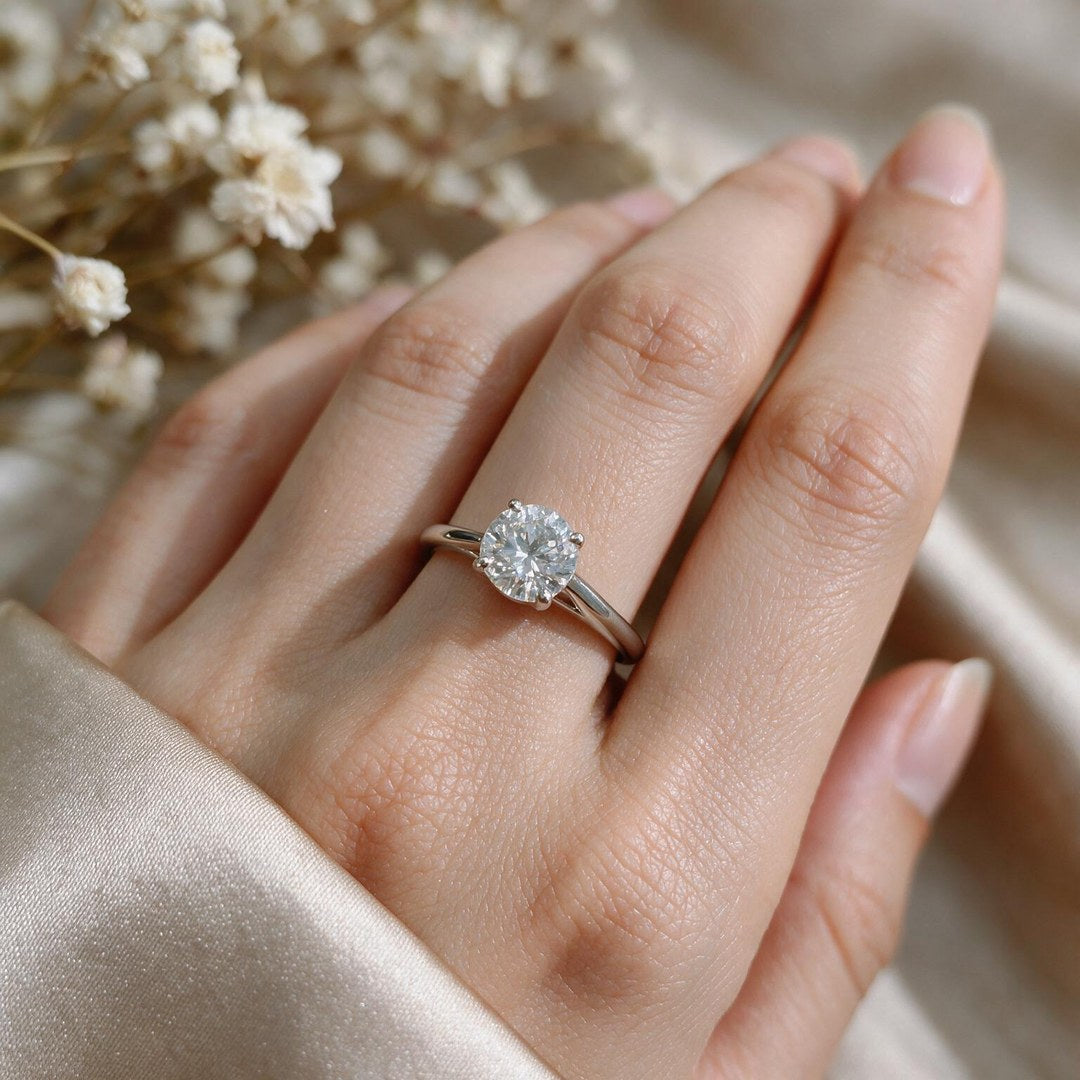 White Rhodium 9K Round Solitairect Solitaire Ring