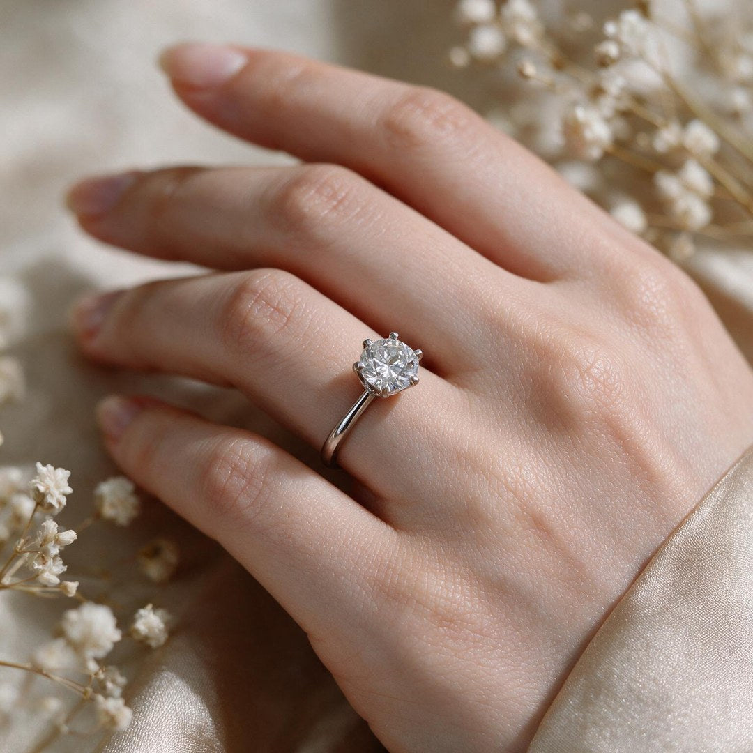 White rhodium 9k round solitairect solitaire ring