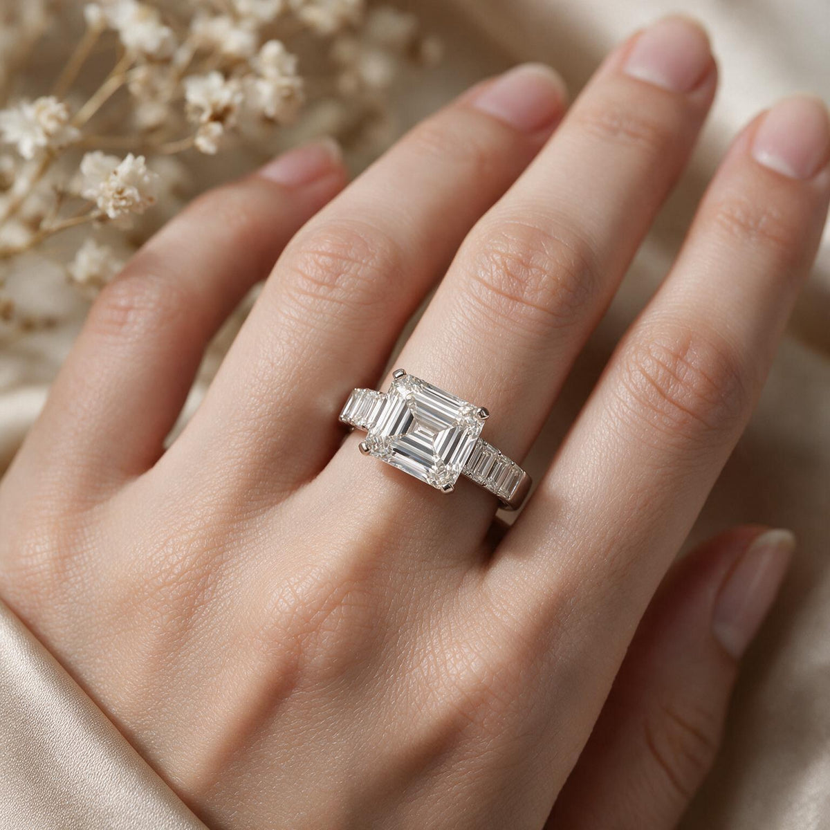 White rhodium 9k emerald solitairect solitaire ring