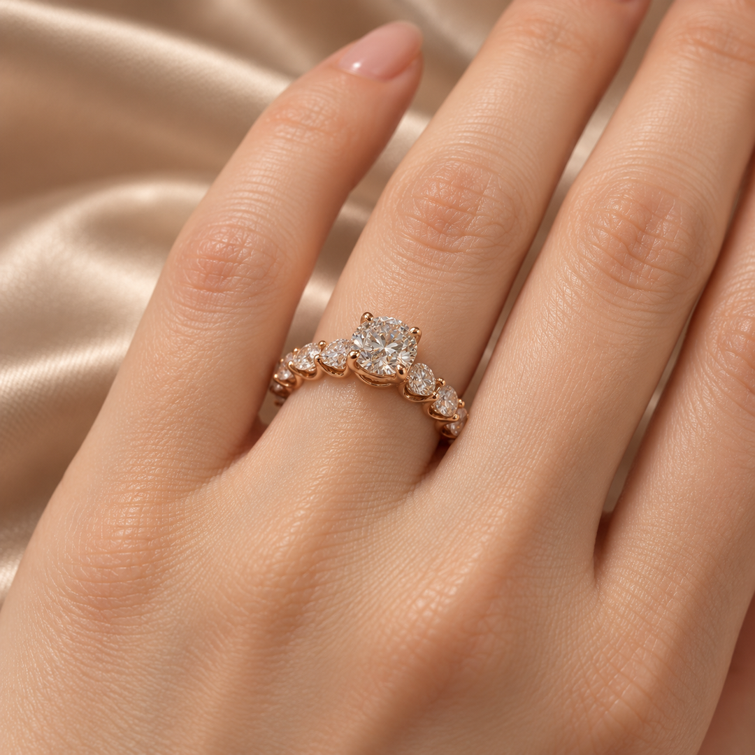Maylaya Gems B036 ring on a model hand — reference-matched design and natural proportions