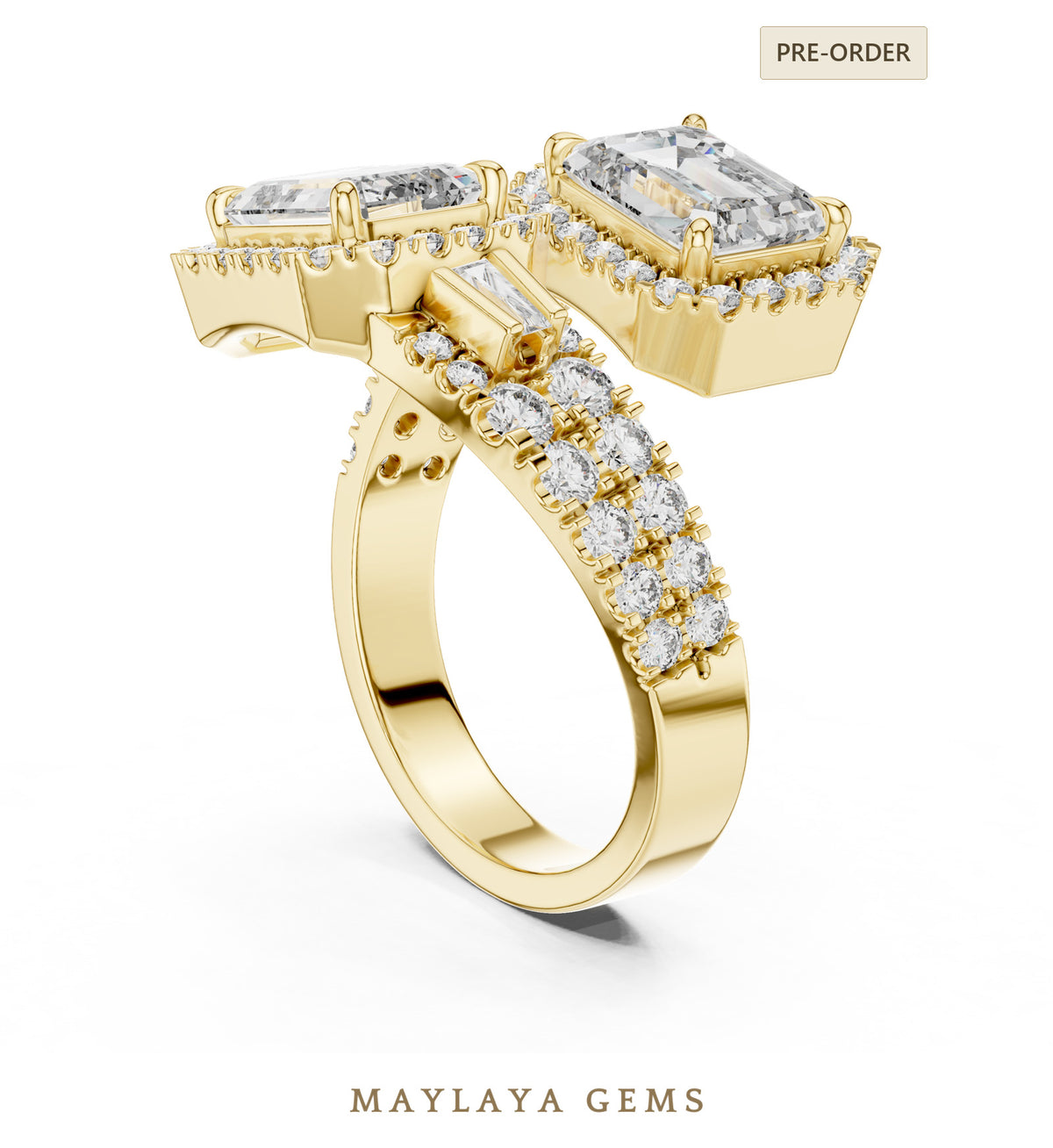Maylaya gems emerald double halo lab grown diamond ring in yellow gold