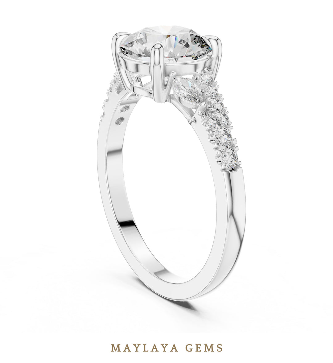 Maylaya Gems round marquise trilogy lab-grown diamond ring in white gold